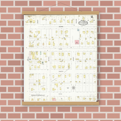 Old map wall art mockup — magnetic wood frame on brick wall — Sanborn Fire Insurance Map from Parkersburg, Butler County, Iowa (1896), Sheet #0002