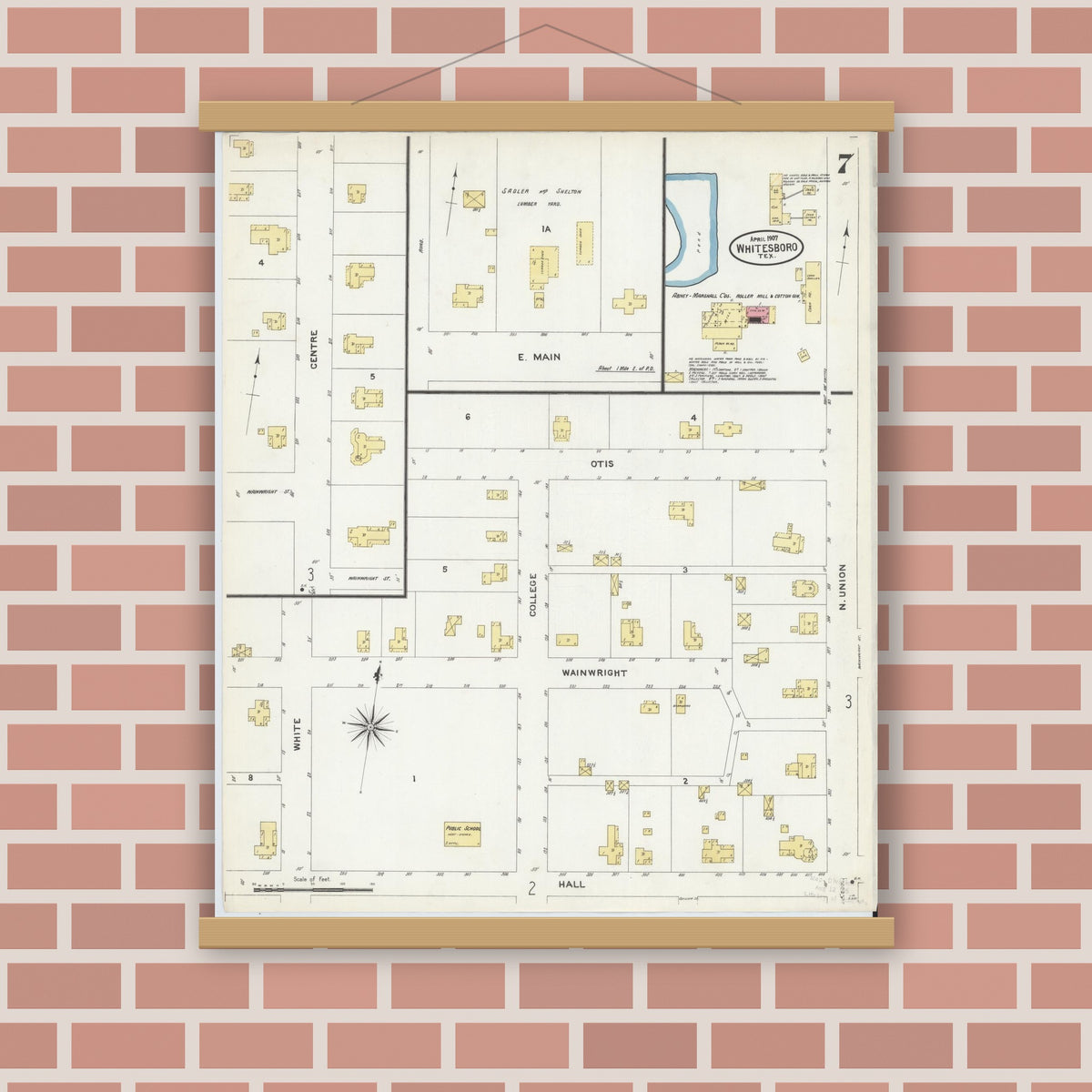 Old map wall art mockup — magnetic wood frame on brick wall — Sanborn Fire Insurance Map from Whitesboro, Grayson County, Texas (1907), Sheet #0007