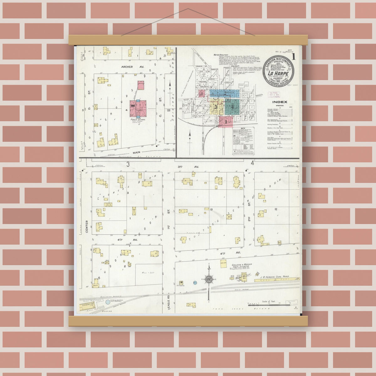 Old map wall art mockup — magnetic wood frame on brick wall — Sanborn Fire Insurance Map from La Harpe, Hancock County, Illinois (1912) - Complete Map Set