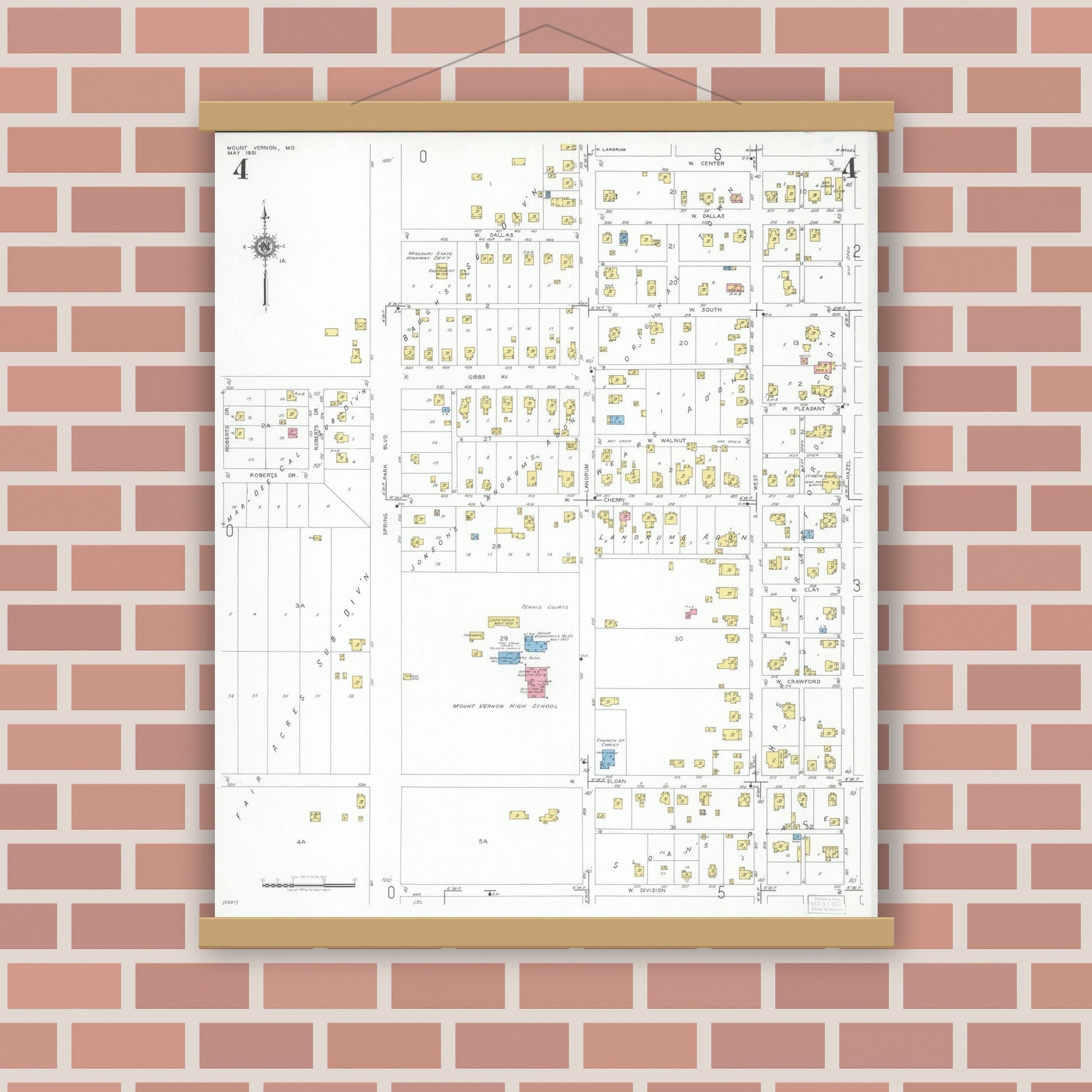 Old map wall art mockup — magnetic wood frame on brick wall — Sanborn Fire Insurance Map from Mount Vernon, Lawrence County, Missouri (1951), Sheet #0004