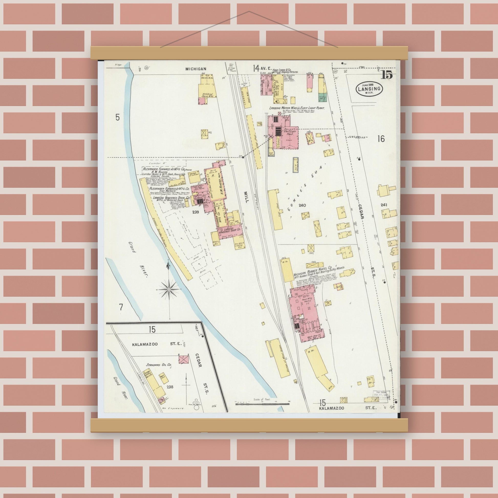 Old map wall art mockup — magnetic wood frame on brick wall — Sanborn Fire Insurance Map from Lansing, Ingham County, Michigan (1898), Sheet #0015