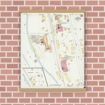 Old map wall art mockup — magnetic wood frame on brick wall — Sanborn Fire Insurance Map from Lansing, Ingham County, Michigan (1898), Sheet #0015