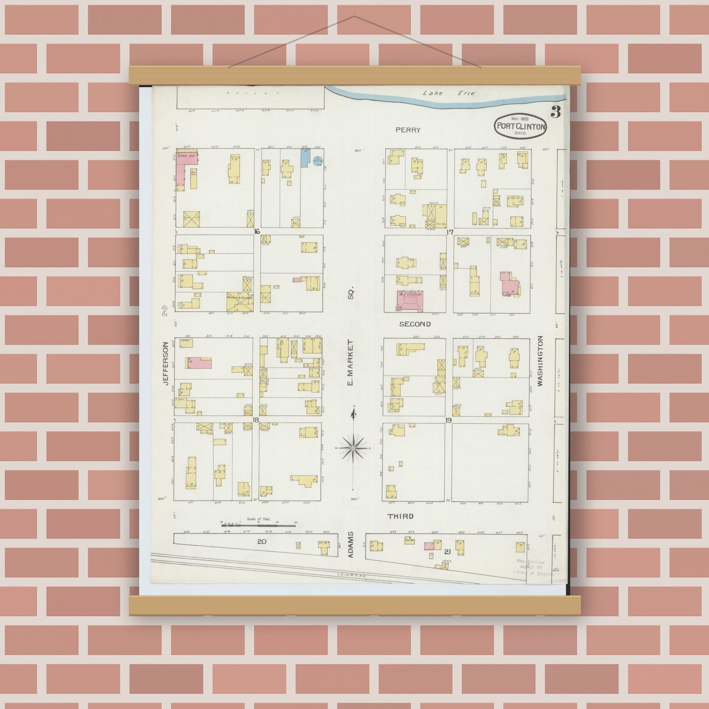 Old map wall art mockup — magnetic wood frame on brick wall — Sanborn Fire Insurance Map from Port Clinton, Ottawa County, Ohio (1893), Sheet #0003