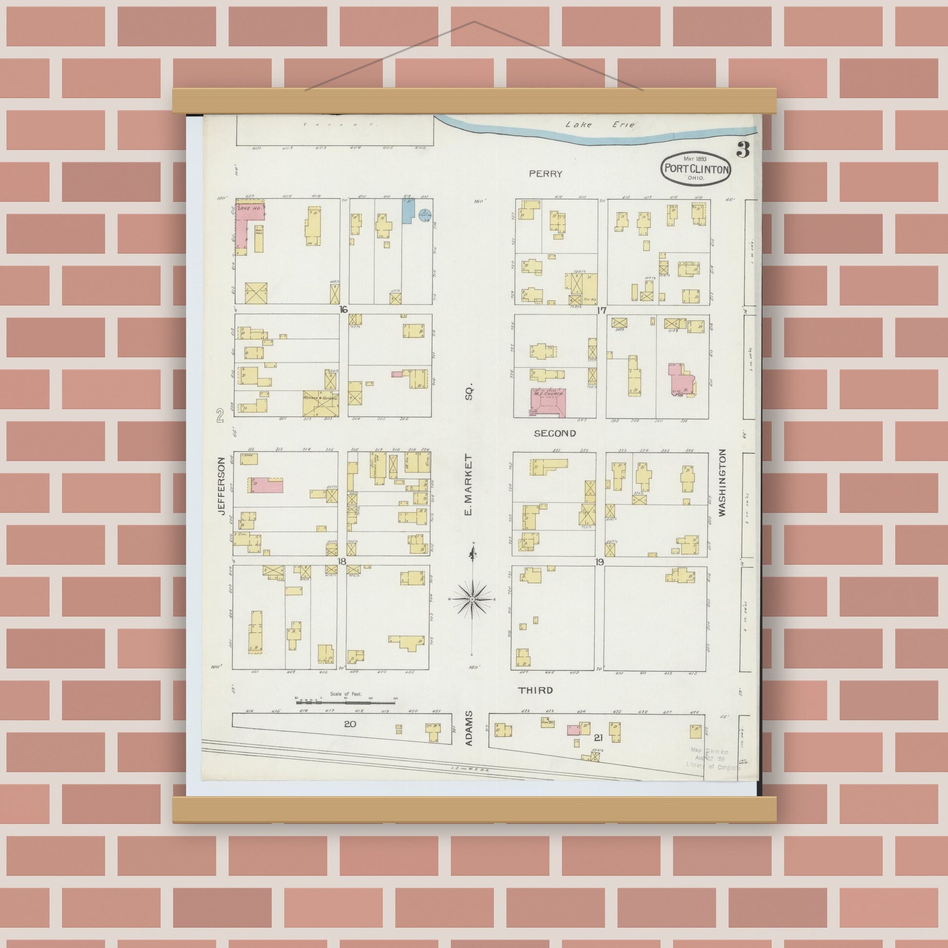 Old map wall art mockup — magnetic wood frame on brick wall — Sanborn Fire Insurance Map from Port Clinton, Ottawa County, Ohio (1893), Sheet #0003