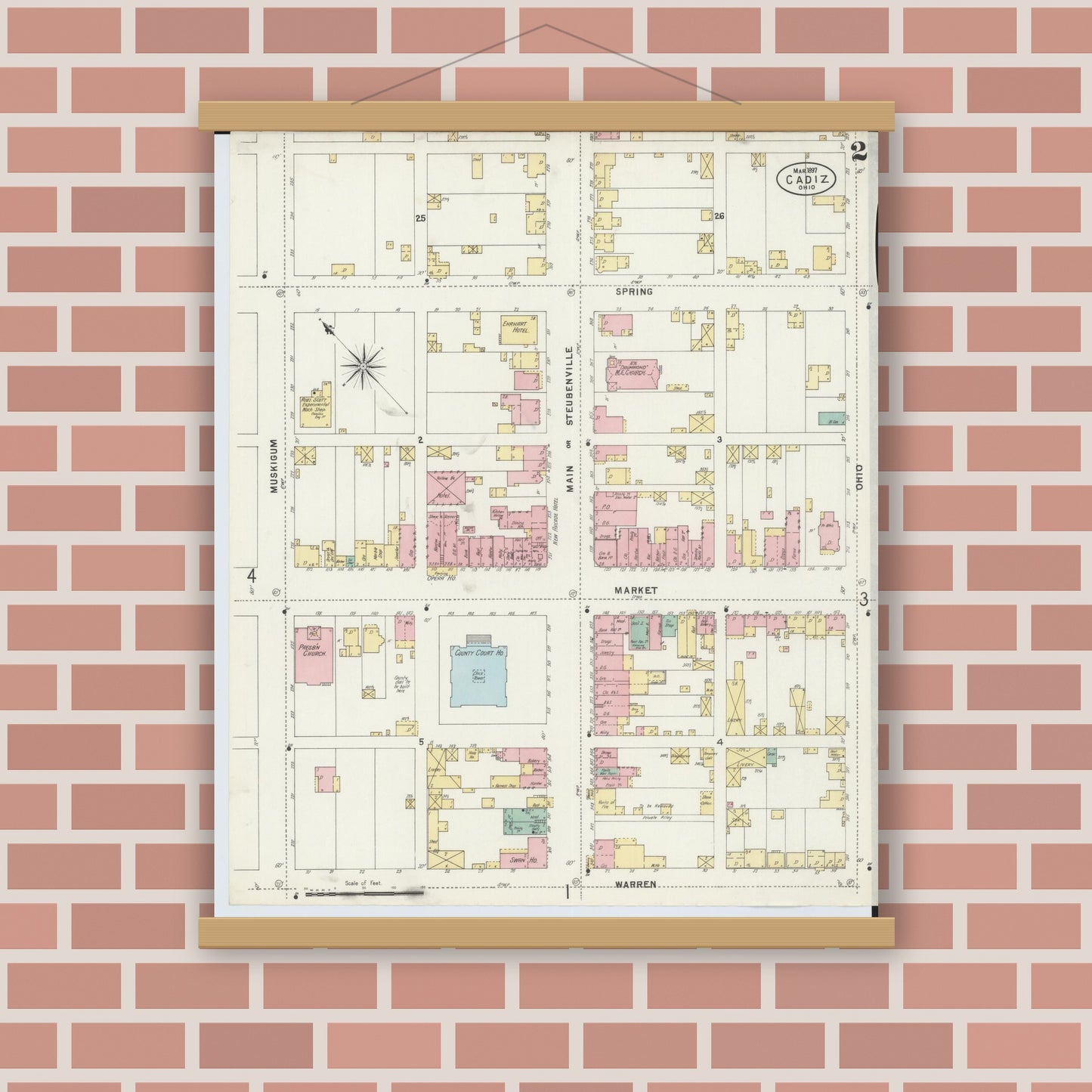 Old map wall art mockup — magnetic wood frame on brick wall — Sanborn Fire Insurance Map from Cadiz, Harrison County, Ohio (1897), Sheet #0002