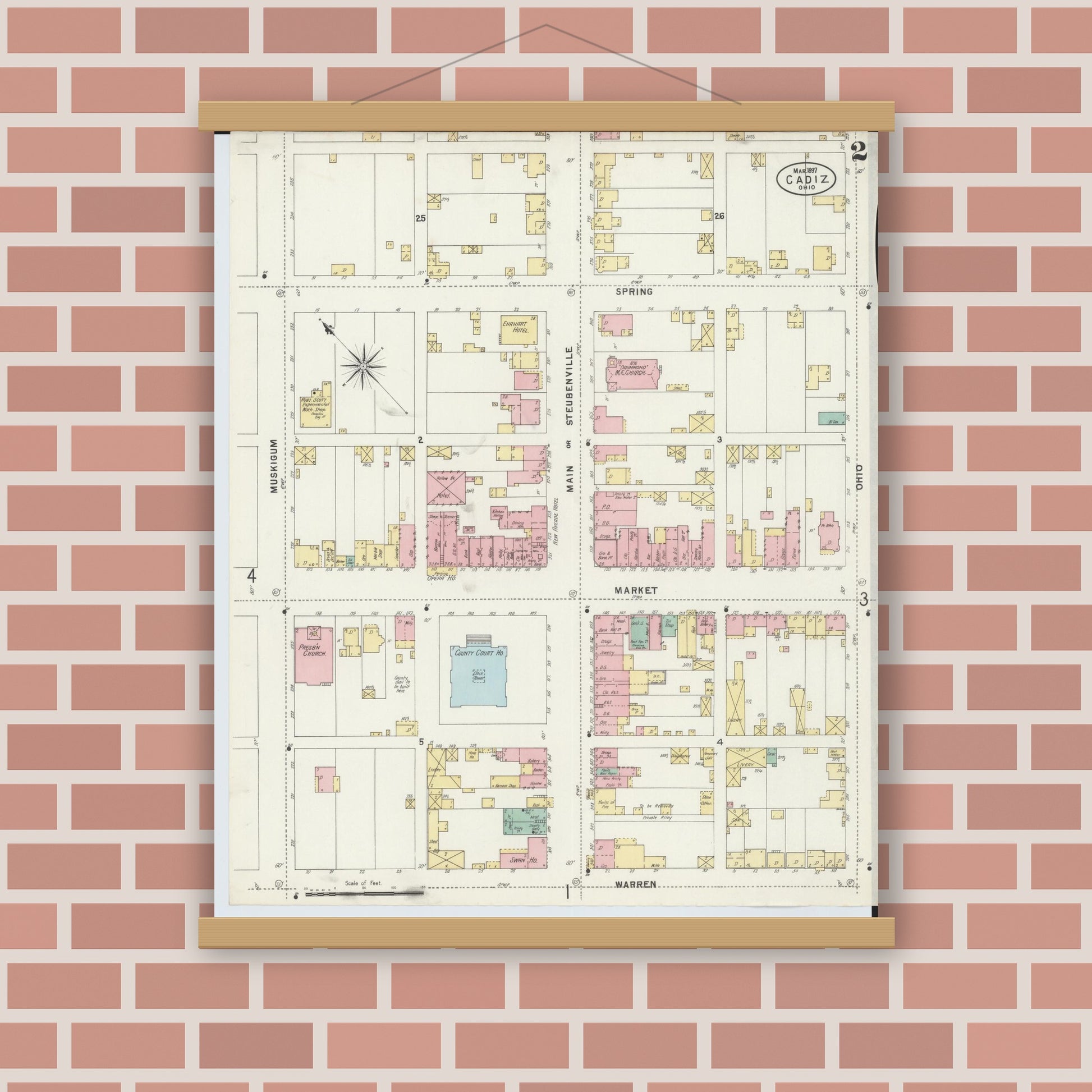 Old map wall art mockup — magnetic wood frame on brick wall — Sanborn Fire Insurance Map from Cadiz, Harrison County, Ohio (1897), Sheet #0002