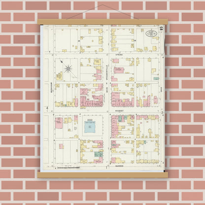 Old map wall art mockup — magnetic wood frame on brick wall — Sanborn Fire Insurance Map from Cadiz, Harrison County, Ohio (1897), Sheet #0002