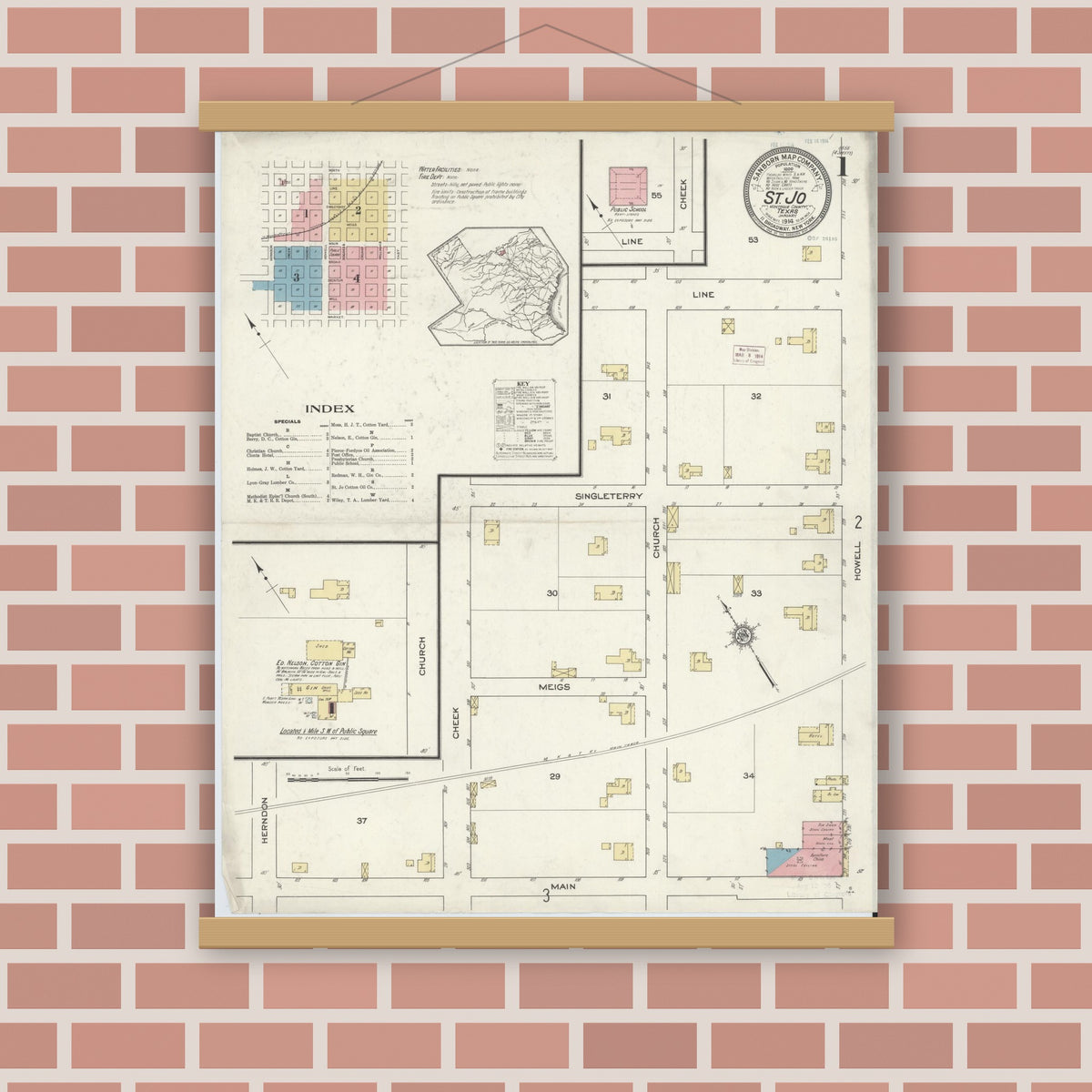 Old map wall art mockup — magnetic wood frame on brick wall — Sanborn Fire Insurance Map from Saint Jo, Montague County, Texas (1914), Sheet #0001