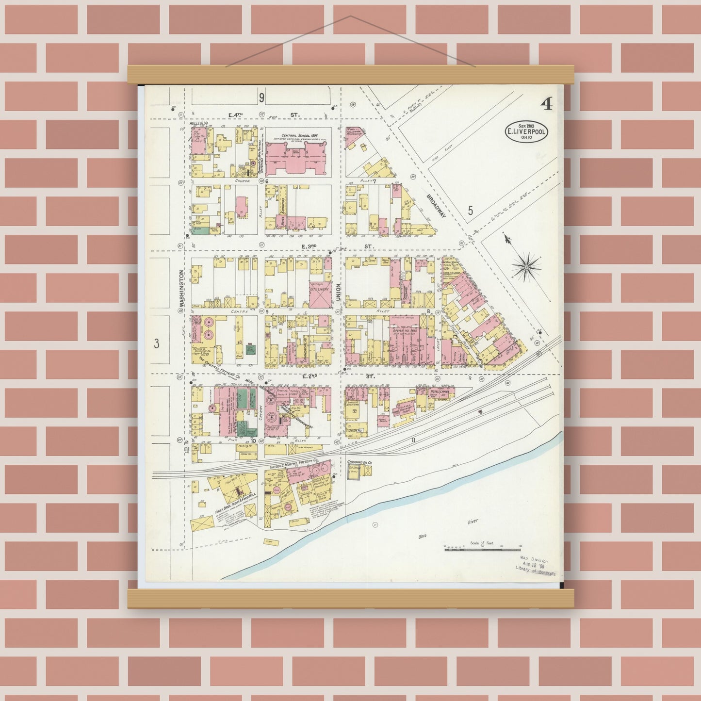 Old map wall art mockup — magnetic wood frame on brick wall — Sanborn Fire Insurance Map from East Liverpool, Columbiana County, Ohio (1903), Sheet #0004