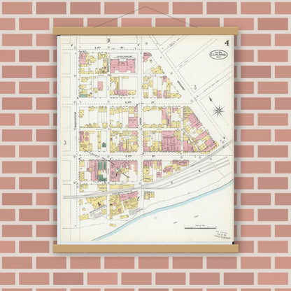 Old map wall art mockup — magnetic wood frame on brick wall — Sanborn Fire Insurance Map from East Liverpool, Columbiana County, Ohio (1903), Sheet #0004