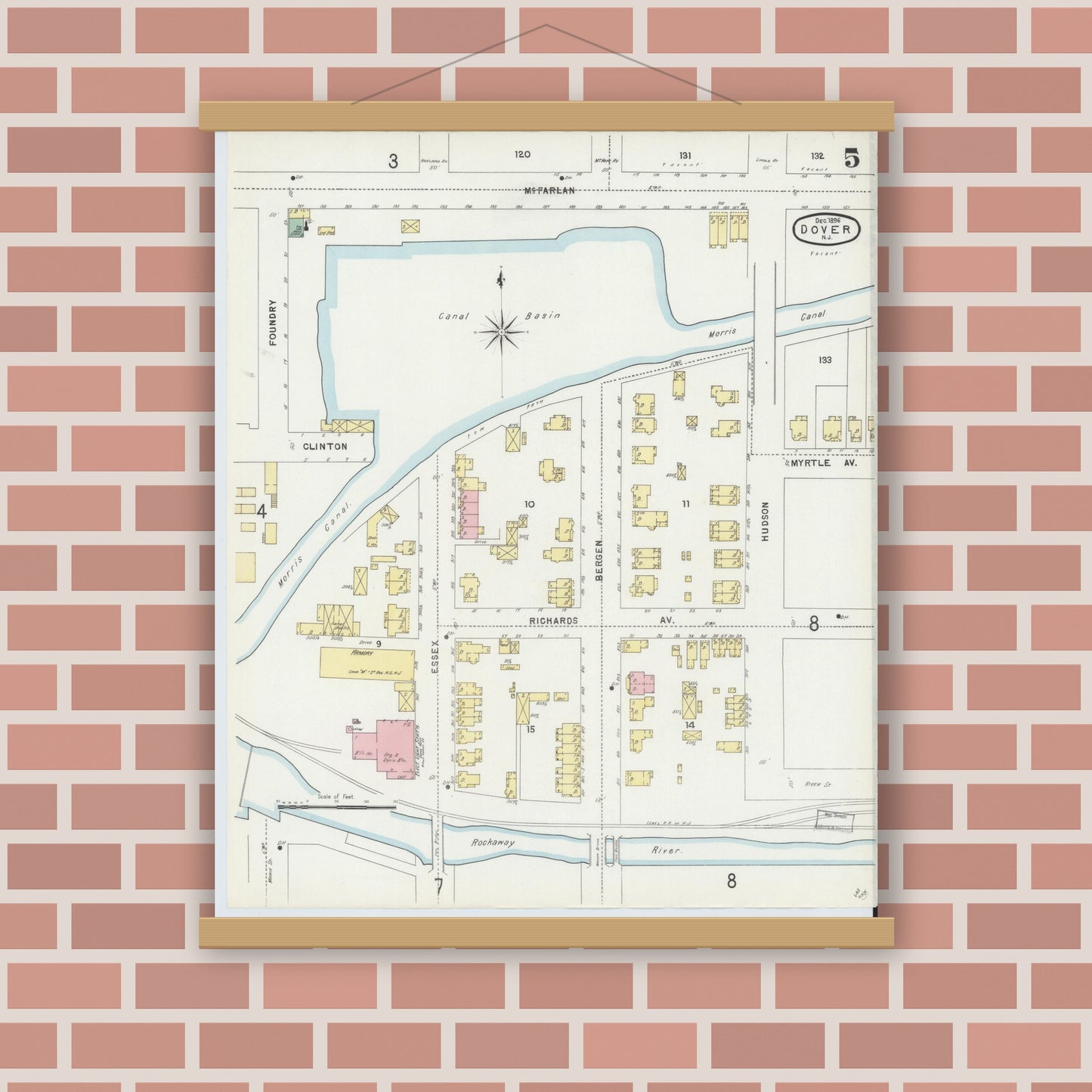 Old map wall art mockup — magnetic wood frame on brick wall — Sanborn Fire Insurance Map from Dover, Morris County, New Jersey (1896), Sheet #0005