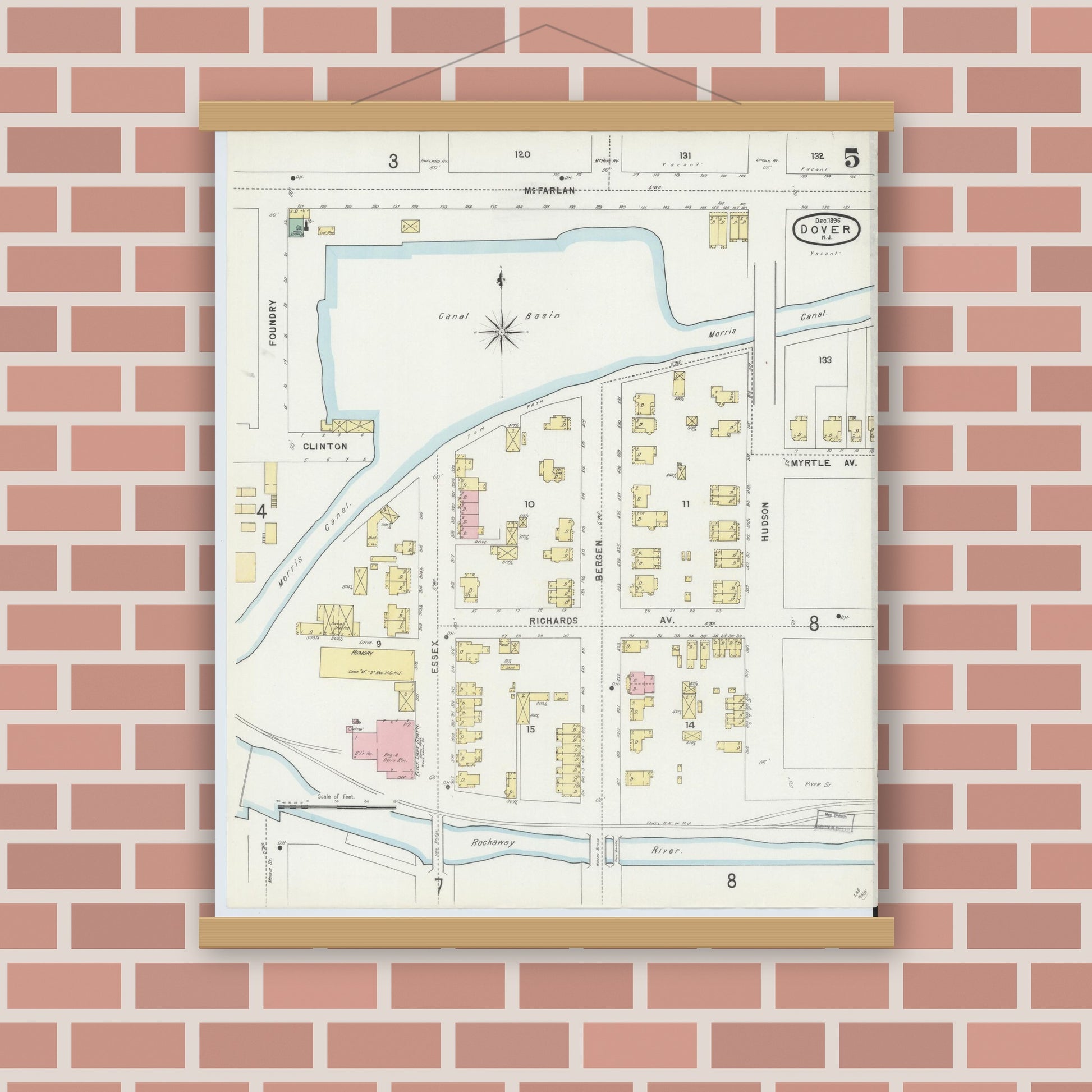 Old map wall art mockup — magnetic wood frame on brick wall — Sanborn Fire Insurance Map from Dover, Morris County, New Jersey (1896), Sheet #0005