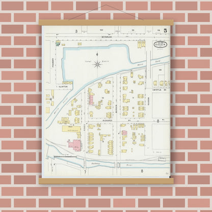 Old map wall art mockup — magnetic wood frame on brick wall — Sanborn Fire Insurance Map from Dover, Morris County, New Jersey (1896), Sheet #0005