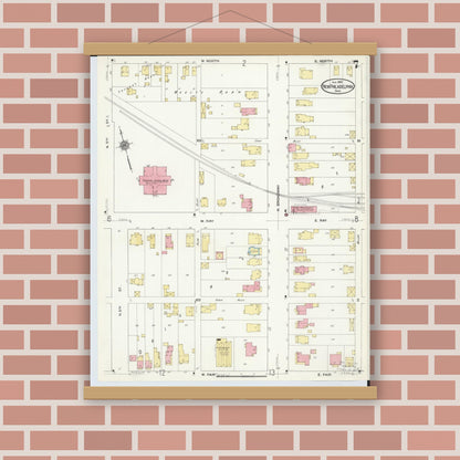 Old map wall art mockup — magnetic wood frame on brick wall — Sanborn Fire Insurance Map from New Philadelphia, Tuscarawas County, Ohio (1910), Sheet #0007