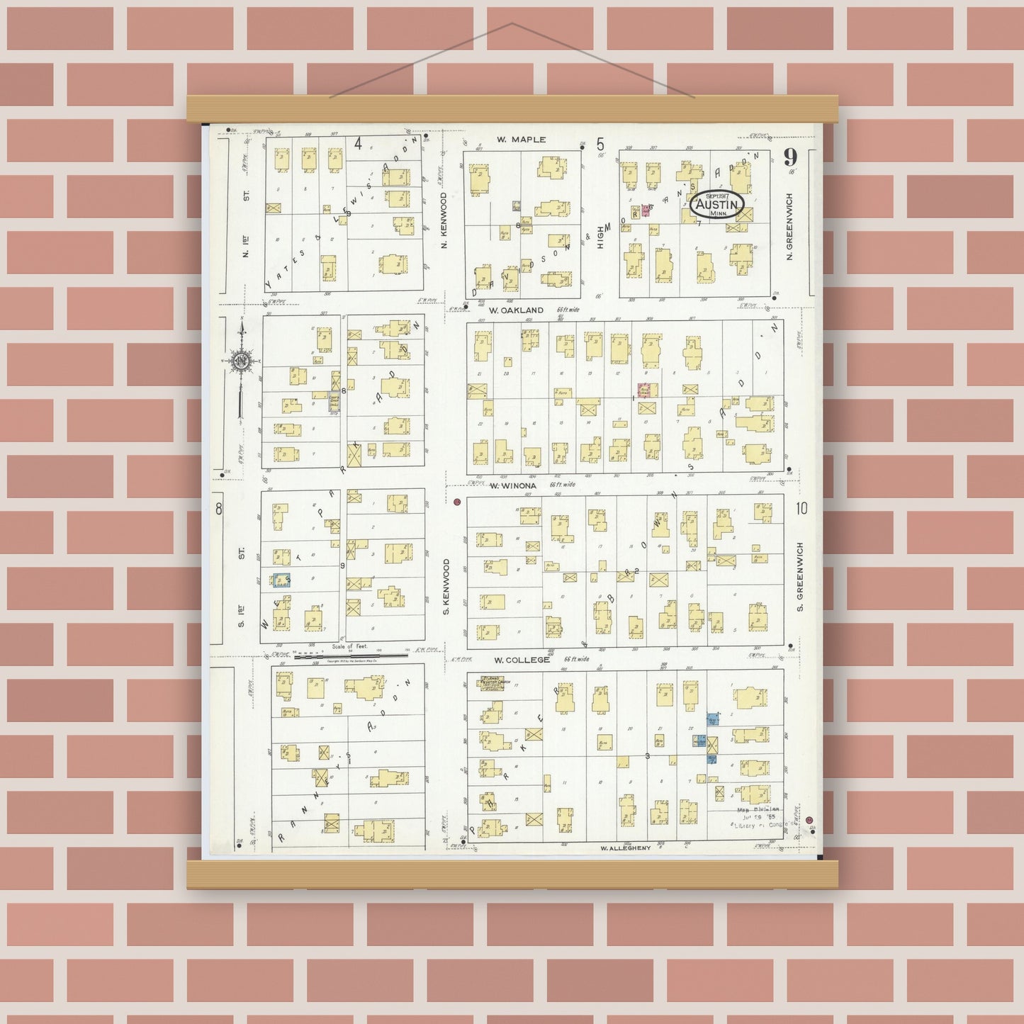Old map wall art mockup — magnetic wood frame on brick wall — Sanborn Fire Insurance Map from Austin, Mower County, Minnesota (1917), Sheet #0009