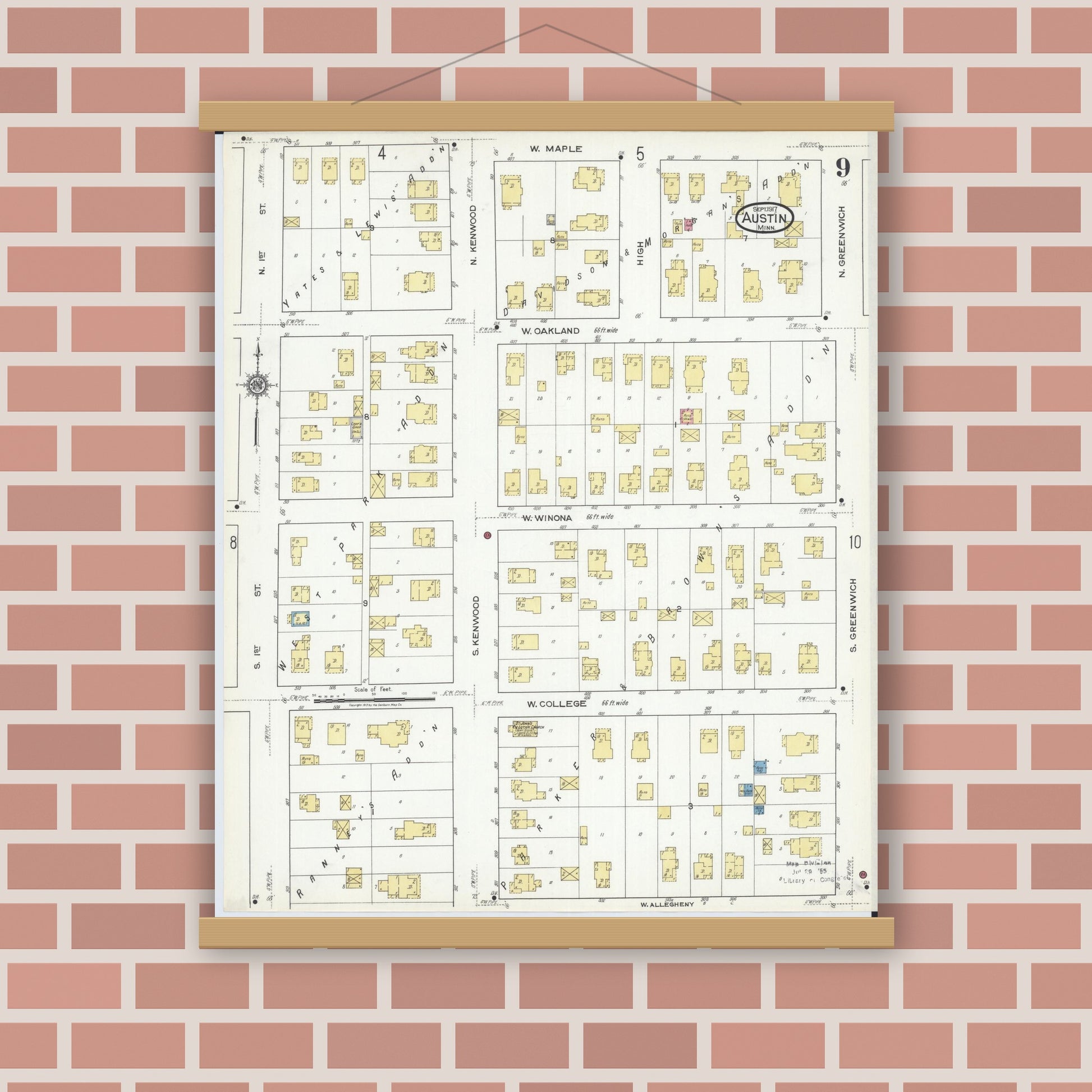 Old map wall art mockup — magnetic wood frame on brick wall — Sanborn Fire Insurance Map from Austin, Mower County, Minnesota (1917), Sheet #0009
