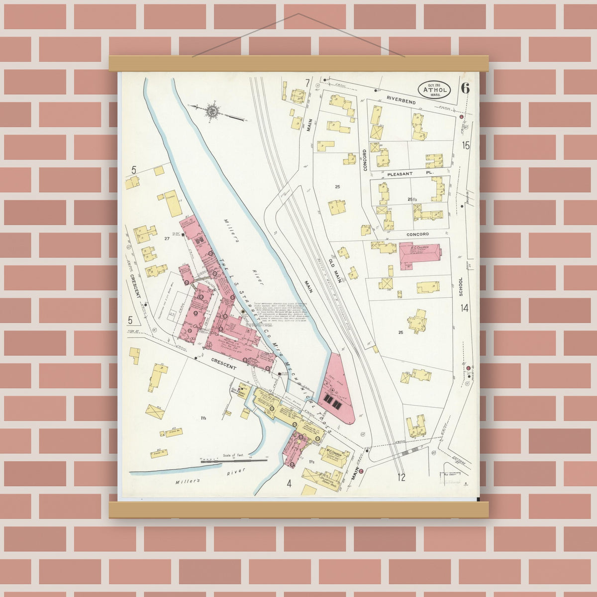 Old map wall art mockup — magnetic wood frame on brick wall — Sanborn Fire Insurance Map from Athol, Worcester County, Massachusetts (1911), Sheet #0006