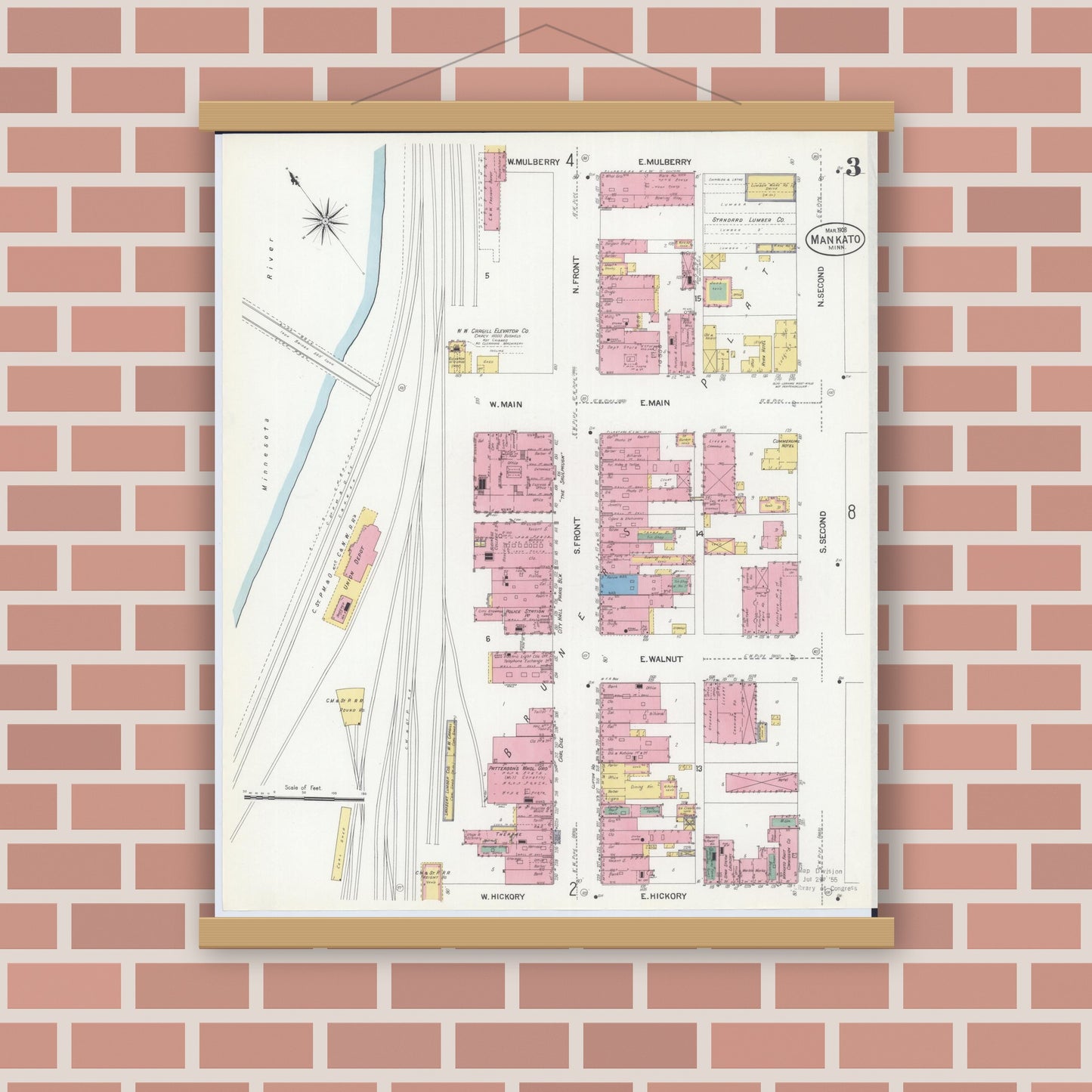 Old map wall art mockup — magnetic wood frame on brick wall — Sanborn Fire Insurance Map from Mankato, Blue Earth County, Minnesota (1908), Sheet #0003