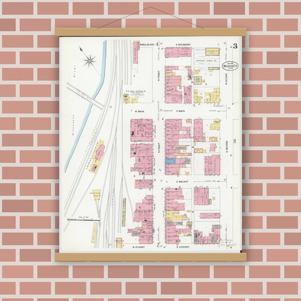Old map wall art mockup — magnetic wood frame on brick wall — Sanborn Fire Insurance Map from Mankato, Blue Earth County, Minnesota (1908), Sheet #0003