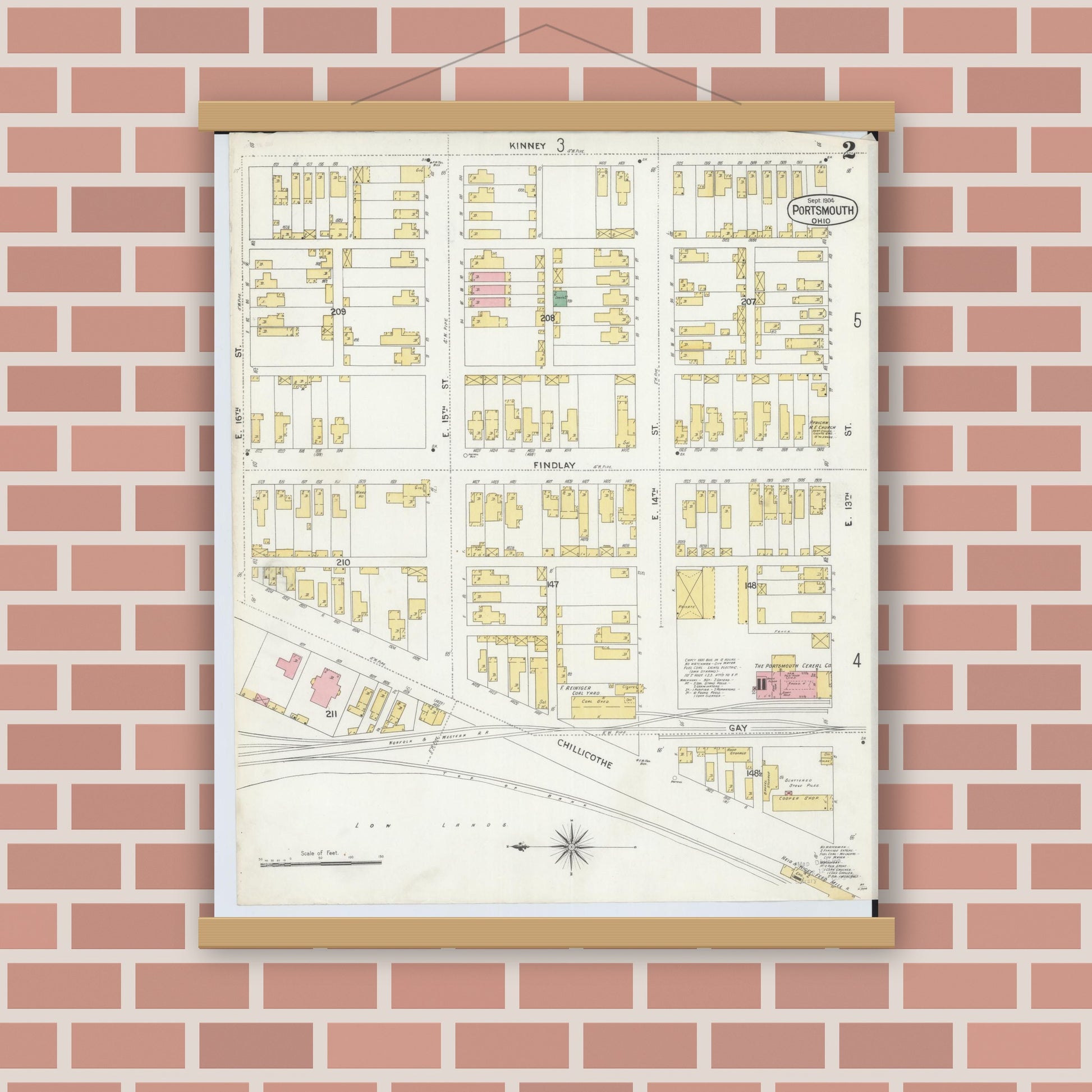 Old map wall art mockup — magnetic wood frame on brick wall — Sanborn Fire Insurance Map from Portsmouth, Scioto County, Ohio (1904), Sheet #0002