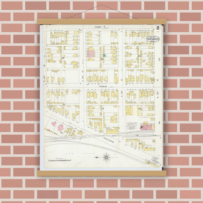 Old map wall art mockup — magnetic wood frame on brick wall — Sanborn Fire Insurance Map from Portsmouth, Scioto County, Ohio (1904), Sheet #0002