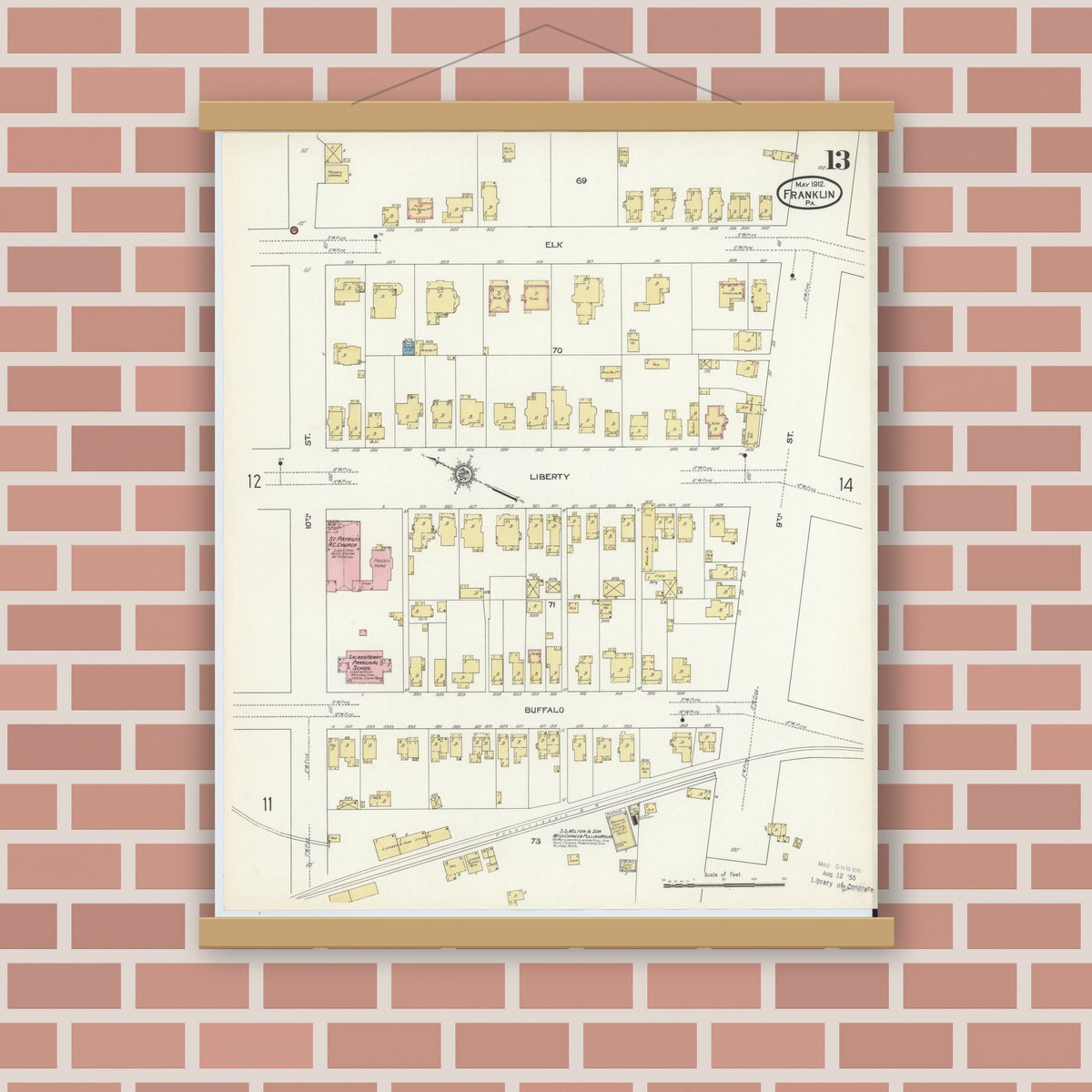 Old map wall art mockup — magnetic wood frame on brick wall — Sanborn Fire Insurance Map from Franklin, Venango County, Pennsylvania (1912), Sheet #0013