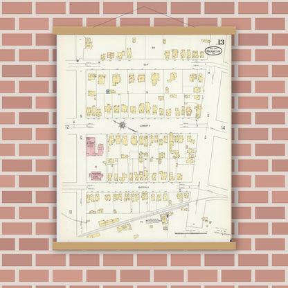 Old map wall art mockup — magnetic wood frame on brick wall — Sanborn Fire Insurance Map from Franklin, Venango County, Pennsylvania (1912), Sheet #0013