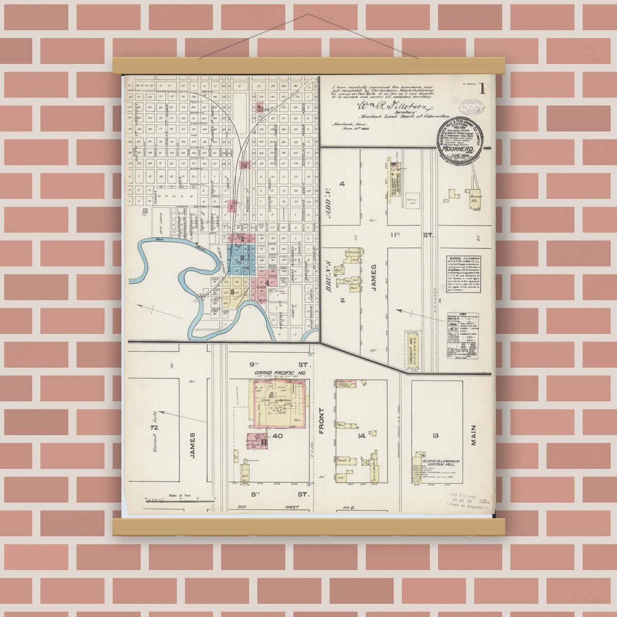 Old map wall art mockup — magnetic wood frame on brick wall — Sanborn Fire Insurance Map from Moorhead, Clay County, Minnesota (1884), Sheet #0001