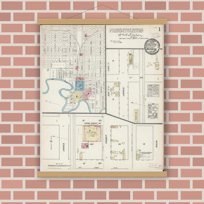 Old map wall art mockup — magnetic wood frame on brick wall — Sanborn Fire Insurance Map from Moorhead, Clay County, Minnesota (1884), Sheet #0001