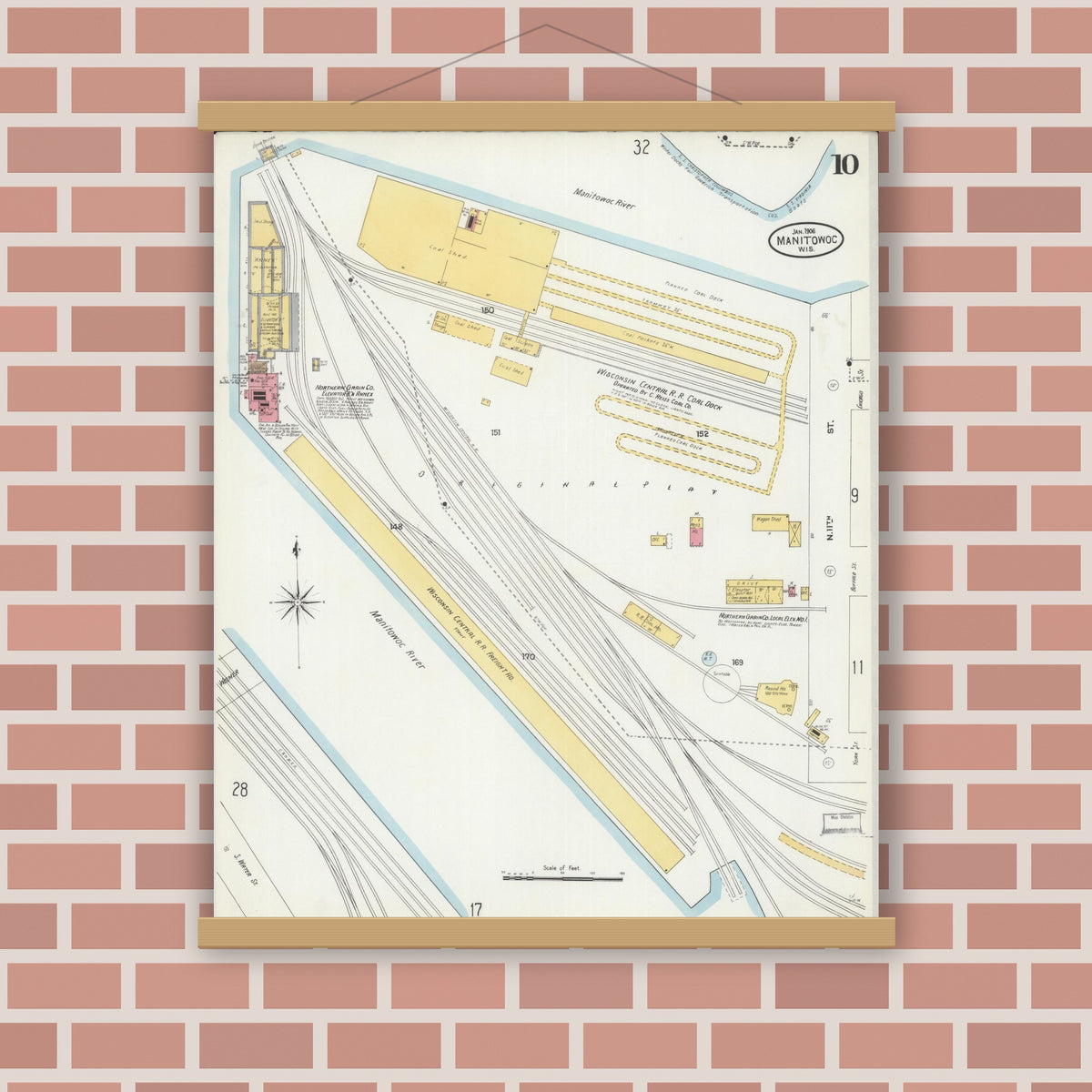 Old map wall art mockup — magnetic wood frame on brick wall — Sanborn Fire Insurance Map from Manitowoc, Manitowoc County, Wisconsin (1906), Sheet #0010