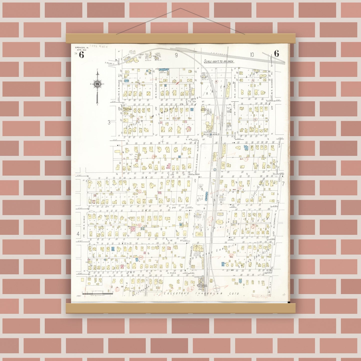 Old map wall art mockup — magnetic wood frame on brick wall — Sanborn Fire Insurance Map from Spencer, Clay County, Iowa (1946), Sheet #0006