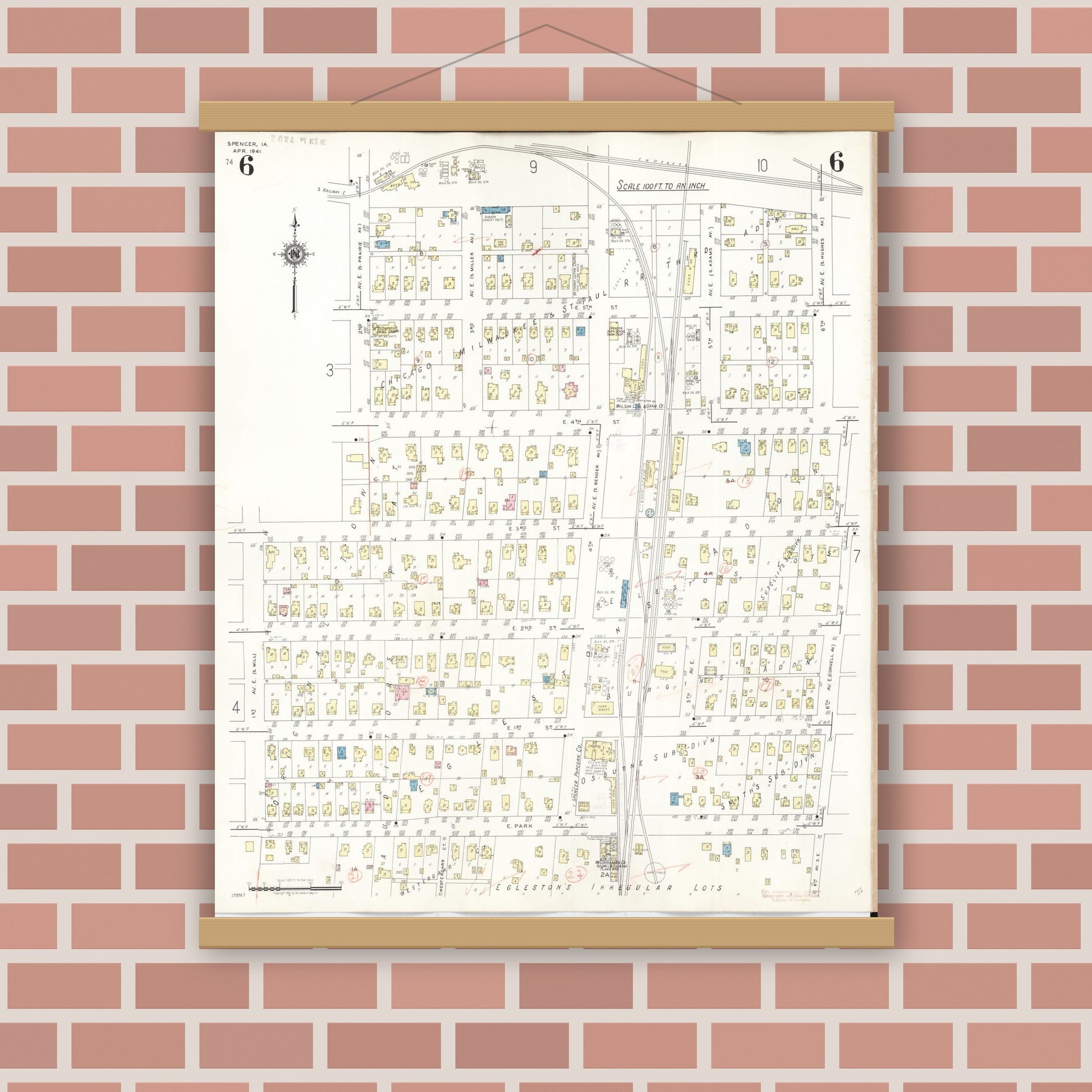 Old map wall art mockup — magnetic wood frame on brick wall — Sanborn Fire Insurance Map from Spencer, Clay County, Iowa (1946), Sheet #0006