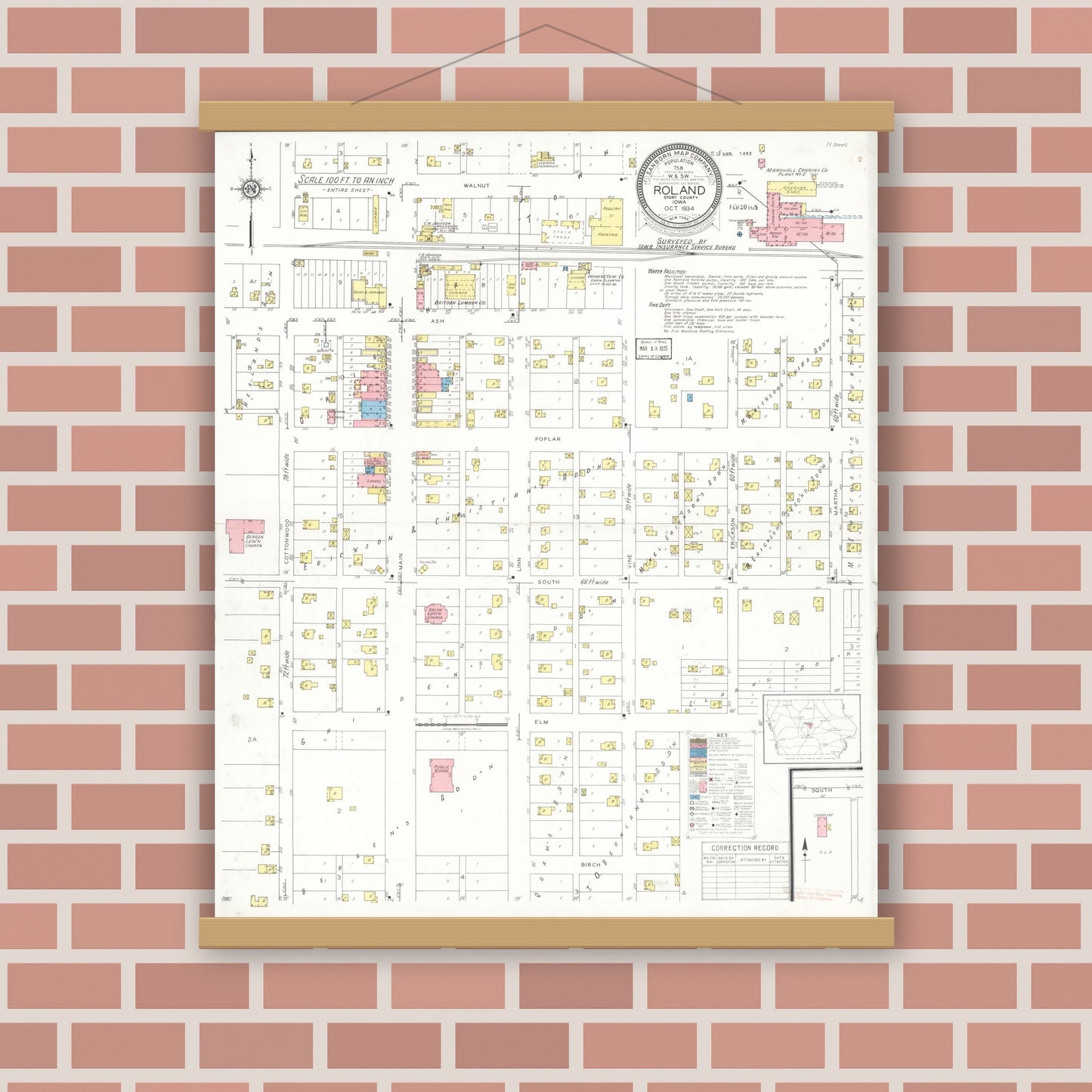 Old map wall art mockup — magnetic wood frame on brick wall — Sanborn Fire Insurance Map from Roland, Story County, Iowa (1934), Sheet #0001