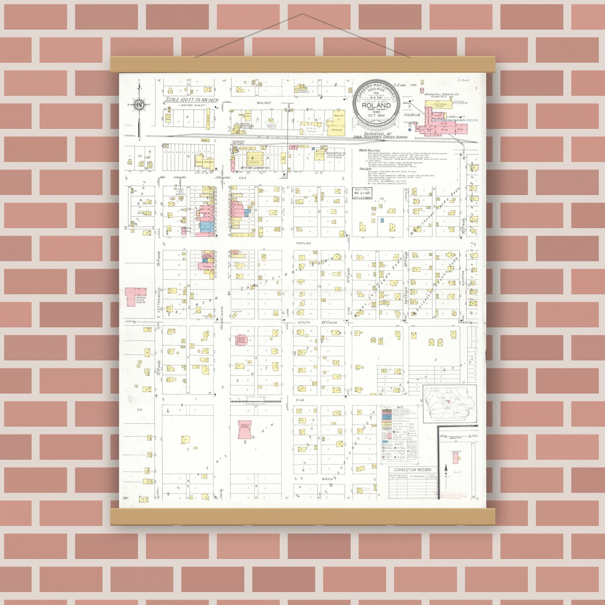 Old map wall art mockup — magnetic wood frame on brick wall — Sanborn Fire Insurance Map from Roland, Story County, Iowa (1934), Sheet #0001