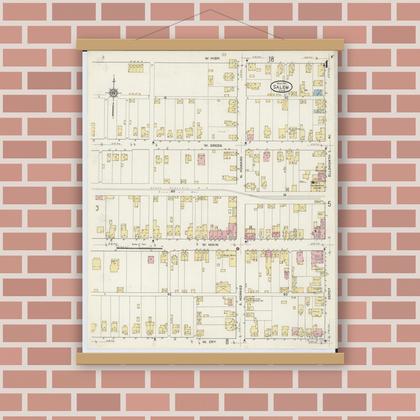 Old map wall art mockup — magnetic wood frame on brick wall — Sanborn Fire Insurance Map from Salem, Columbiana County, Ohio (1915), Sheet #0004