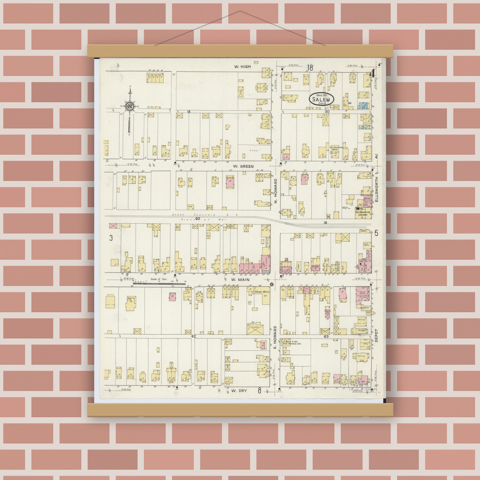 Old map wall art mockup — magnetic wood frame on brick wall — Sanborn Fire Insurance Map from Salem, Columbiana County, Ohio (1915), Sheet #0004