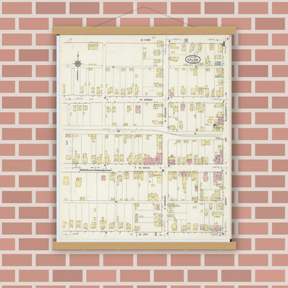 Old map wall art mockup — magnetic wood frame on brick wall — Sanborn Fire Insurance Map from Salem, Columbiana County, Ohio (1915), Sheet #0004