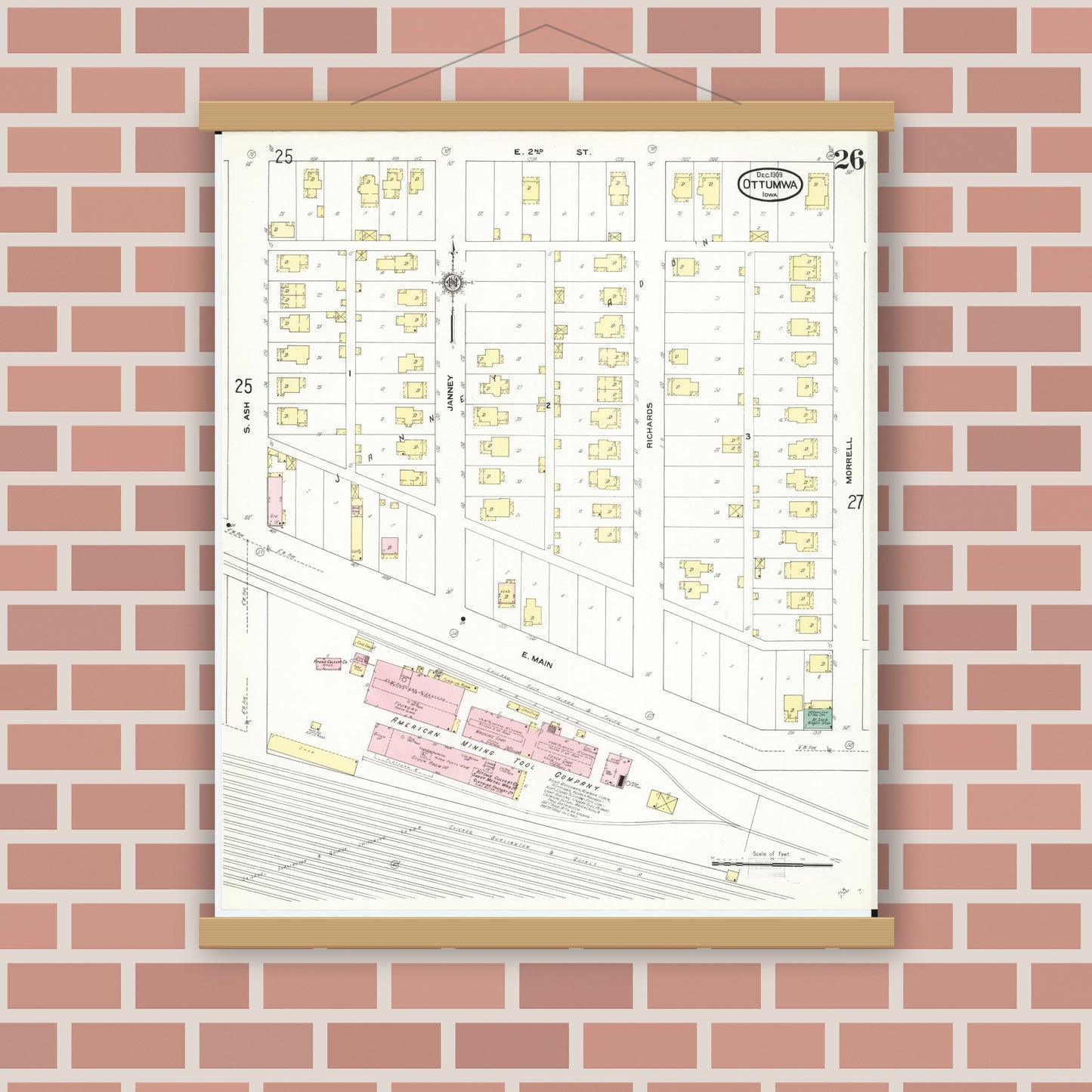 Old map wall art mockup — magnetic wood frame on brick wall — Sanborn Fire Insurance Map from Ottumwa, Wapello County, Iowa (1909), Sheet #0026