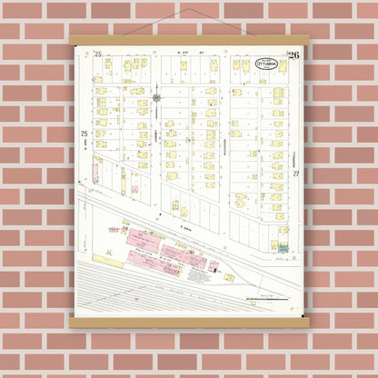 Old map wall art mockup — magnetic wood frame on brick wall — Sanborn Fire Insurance Map from Ottumwa, Wapello County, Iowa (1909), Sheet #0026