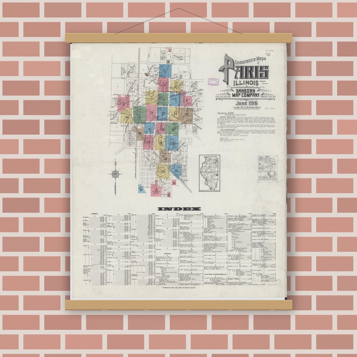 Old map wall art mockup — magnetic wood frame on brick wall — Sanborn Fire Insurance Map from Paris, Edgar County, Illinois (1916), Sheet #0001
