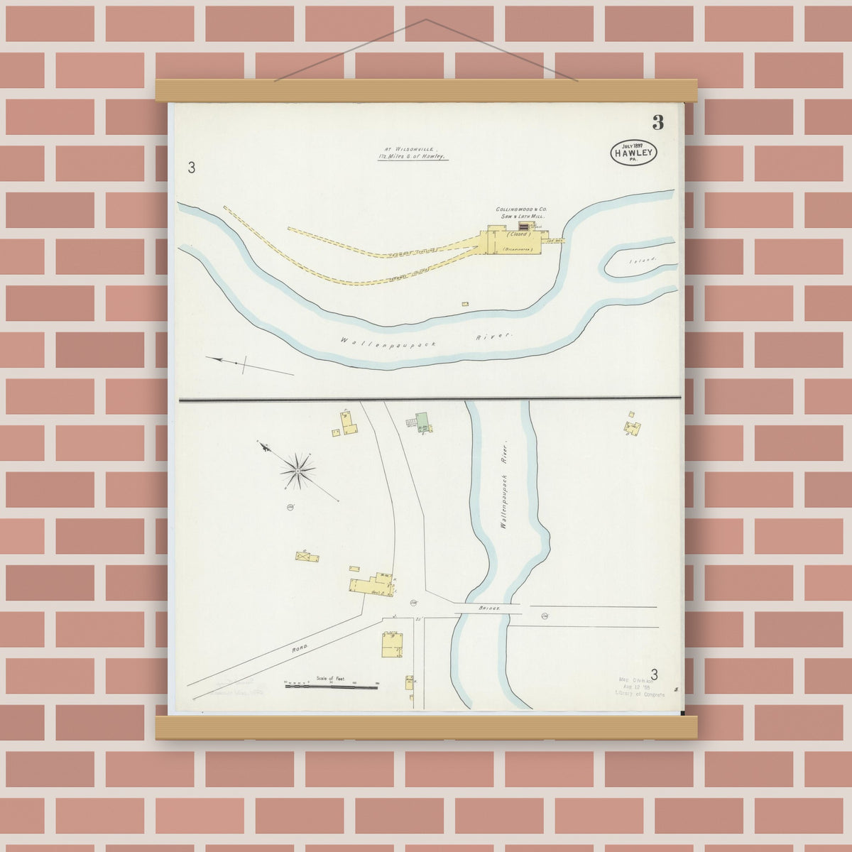 Old map wall art mockup — magnetic wood frame on brick wall — Sanborn Fire Insurance Map from Hawley, Wayne County, Pennsylvania (1897), Sheet #0003