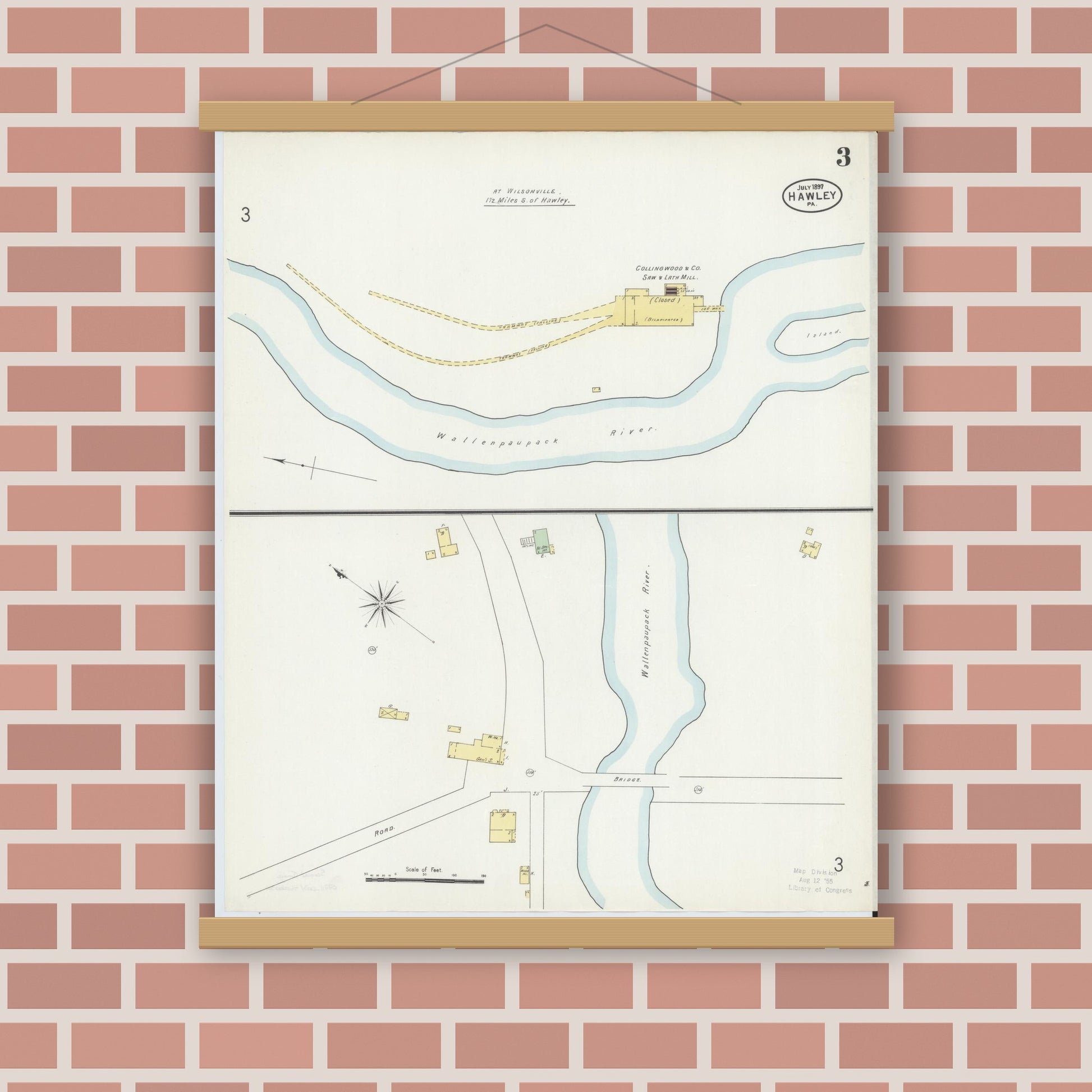 Old map wall art mockup — magnetic wood frame on brick wall — Sanborn Fire Insurance Map from Hawley, Wayne County, Pennsylvania (1897), Sheet #0003