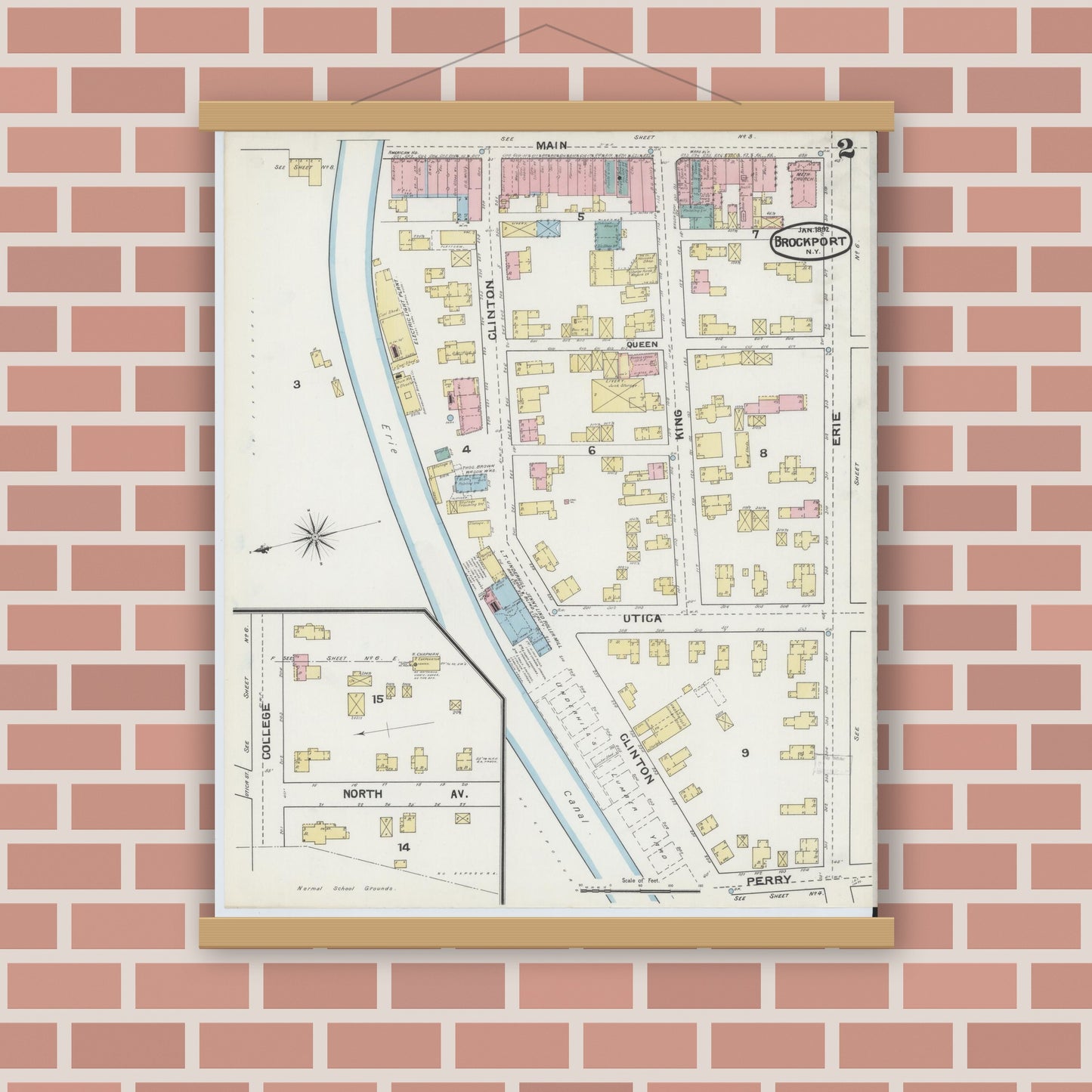 Old map wall art mockup — magnetic wood frame on brick wall — Sanborn Fire Insurance Map from Brockport, Monroe County, New York (1892) - Complete Map Set