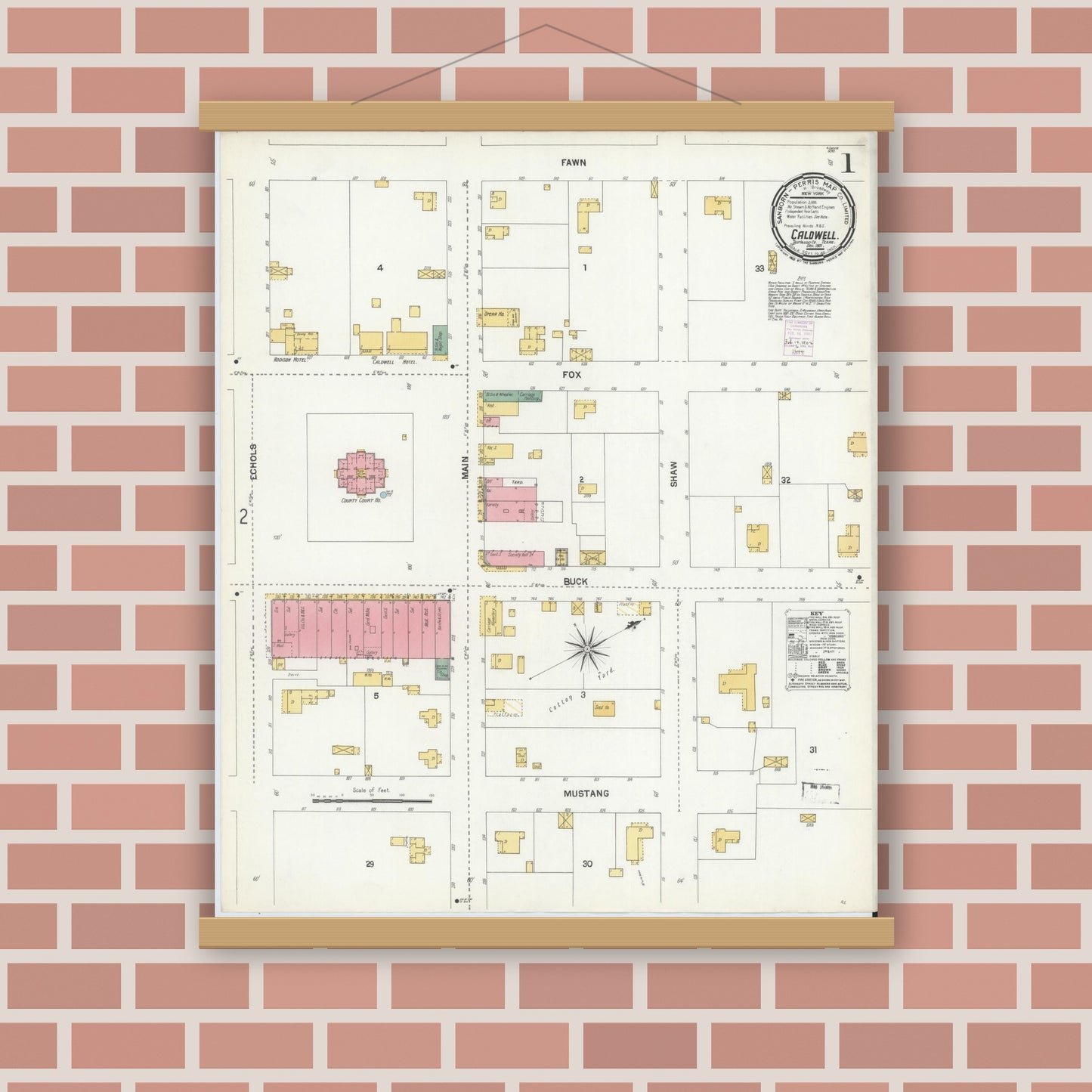 Old map wall art mockup — magnetic wood frame on brick wall — Sanborn Fire Insurance Map from Caldwell, Burleson County, Texas (1901), Sheet #0001