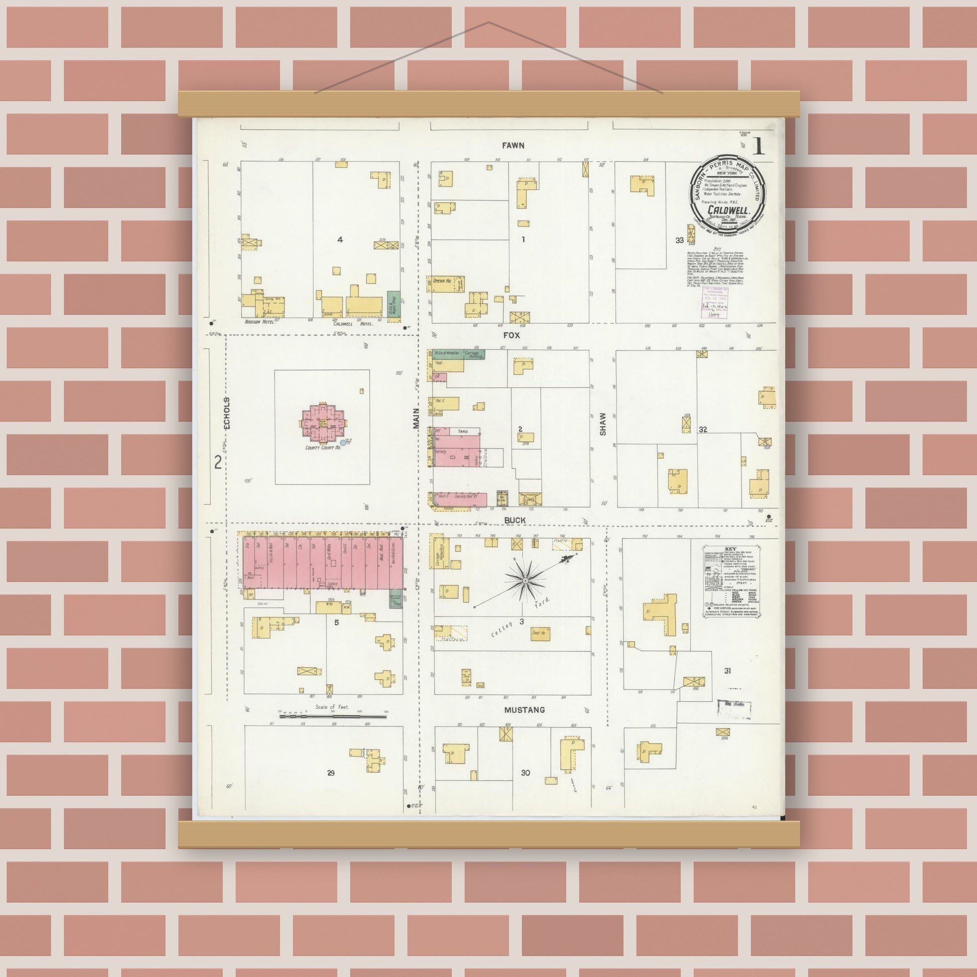 Old map wall art mockup — magnetic wood frame on brick wall — Sanborn Fire Insurance Map from Caldwell, Burleson County, Texas (1901), Sheet #0001
