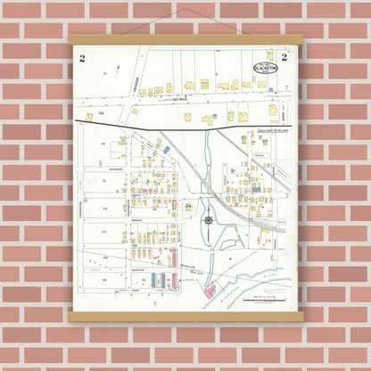 Old map wall art mockup — magnetic wood frame on brick wall — Sanborn Fire Insurance Map from Blackstone, Worcester County, Massachusetts (1923), Sheet #0002