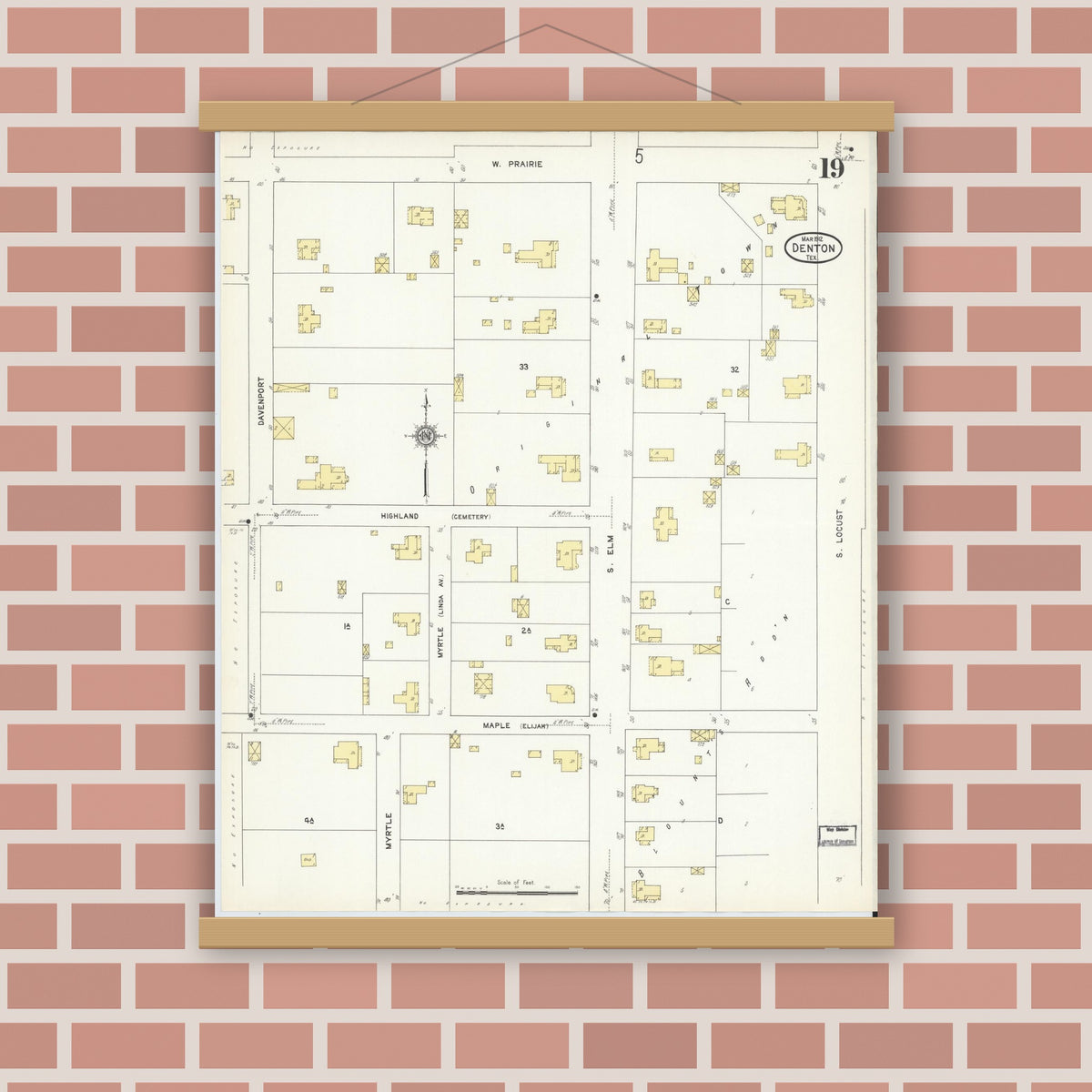 Old map wall art mockup — magnetic wood frame on brick wall — Sanborn Fire Insurance Map from Denton, Denton County, Texas (1912), Sheet #0019