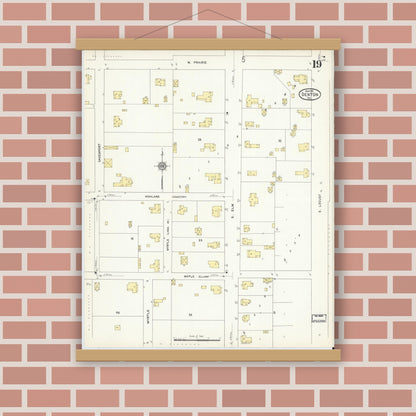 Old map wall art mockup — magnetic wood frame on brick wall — Sanborn Fire Insurance Map from Denton, Denton County, Texas (1912), Sheet #0019