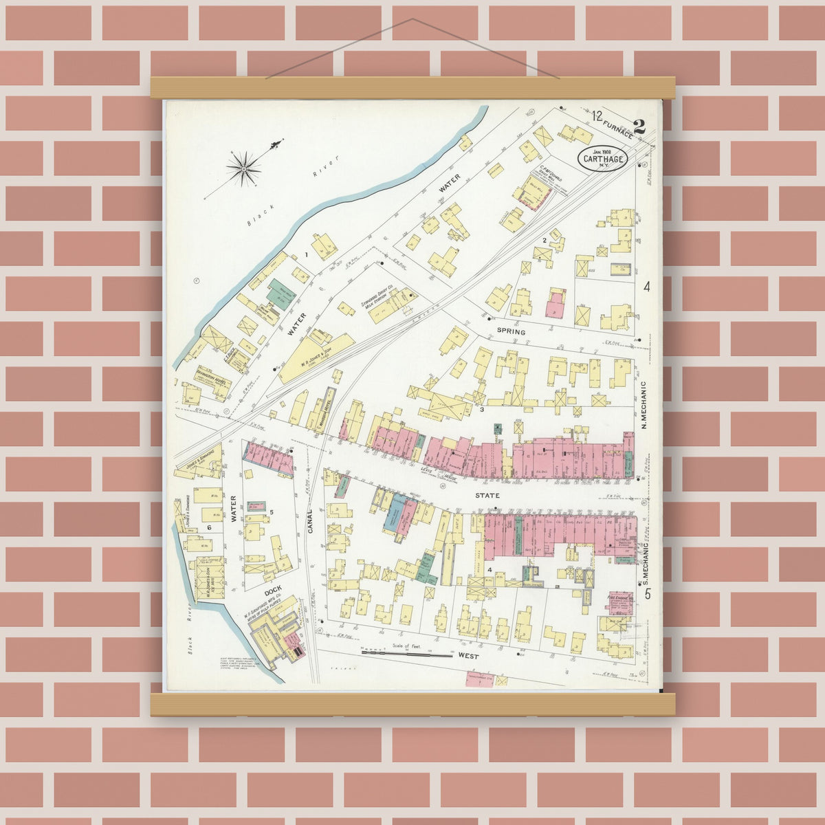 Old map wall art mockup — magnetic wood frame on brick wall — Sanborn Fire Insurance Map from Carthage, Jefferson County, New York (1908), Sheet #0002
