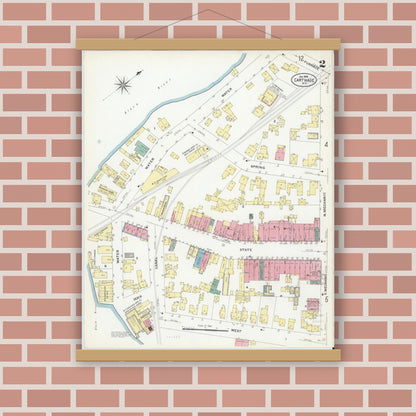 Old map wall art mockup — magnetic wood frame on brick wall — Sanborn Fire Insurance Map from Carthage, Jefferson County, New York (1908), Sheet #0002